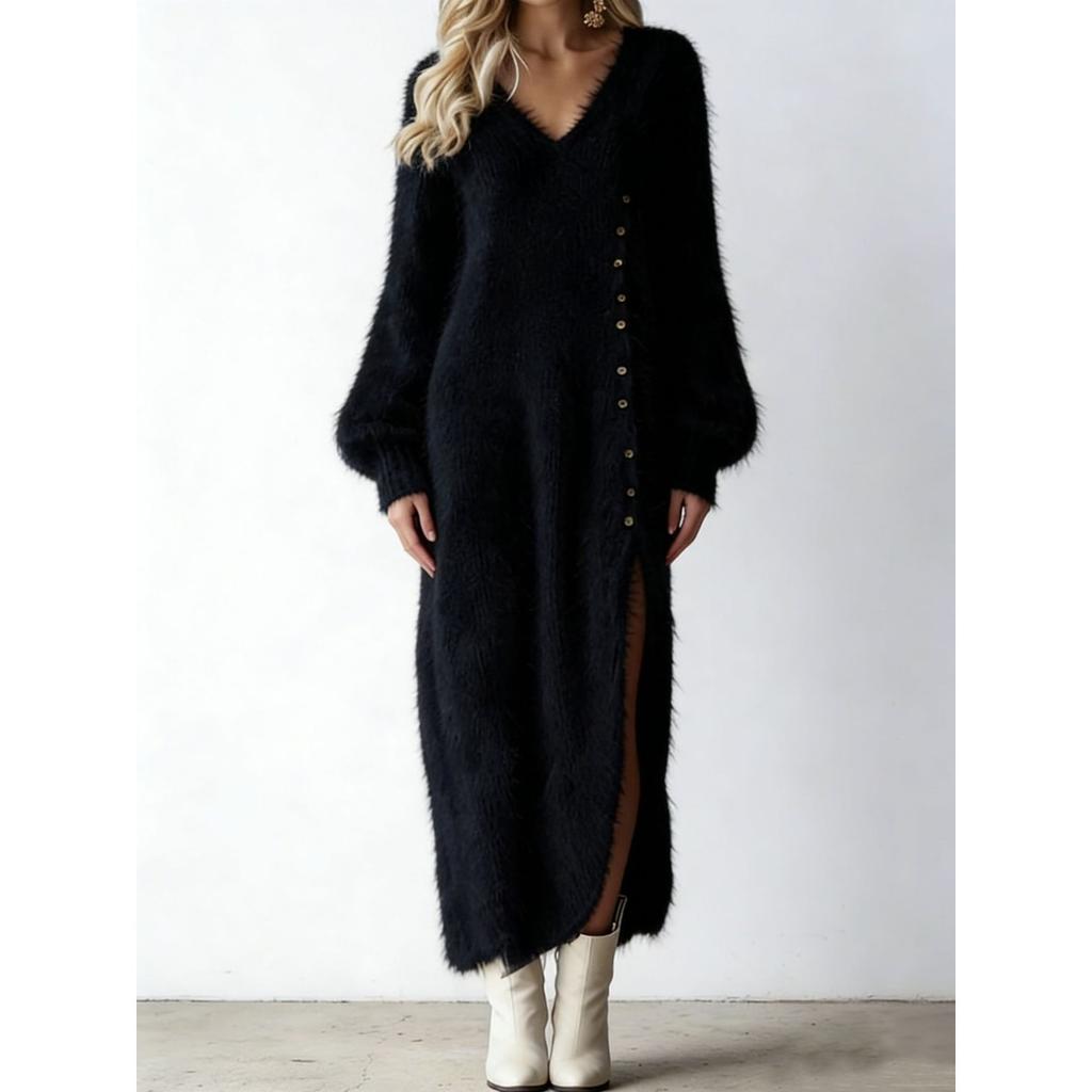 Women's V Neck Long Sleeve Maxi Dress Loose Fit Solid Color Knit Sweater Dress