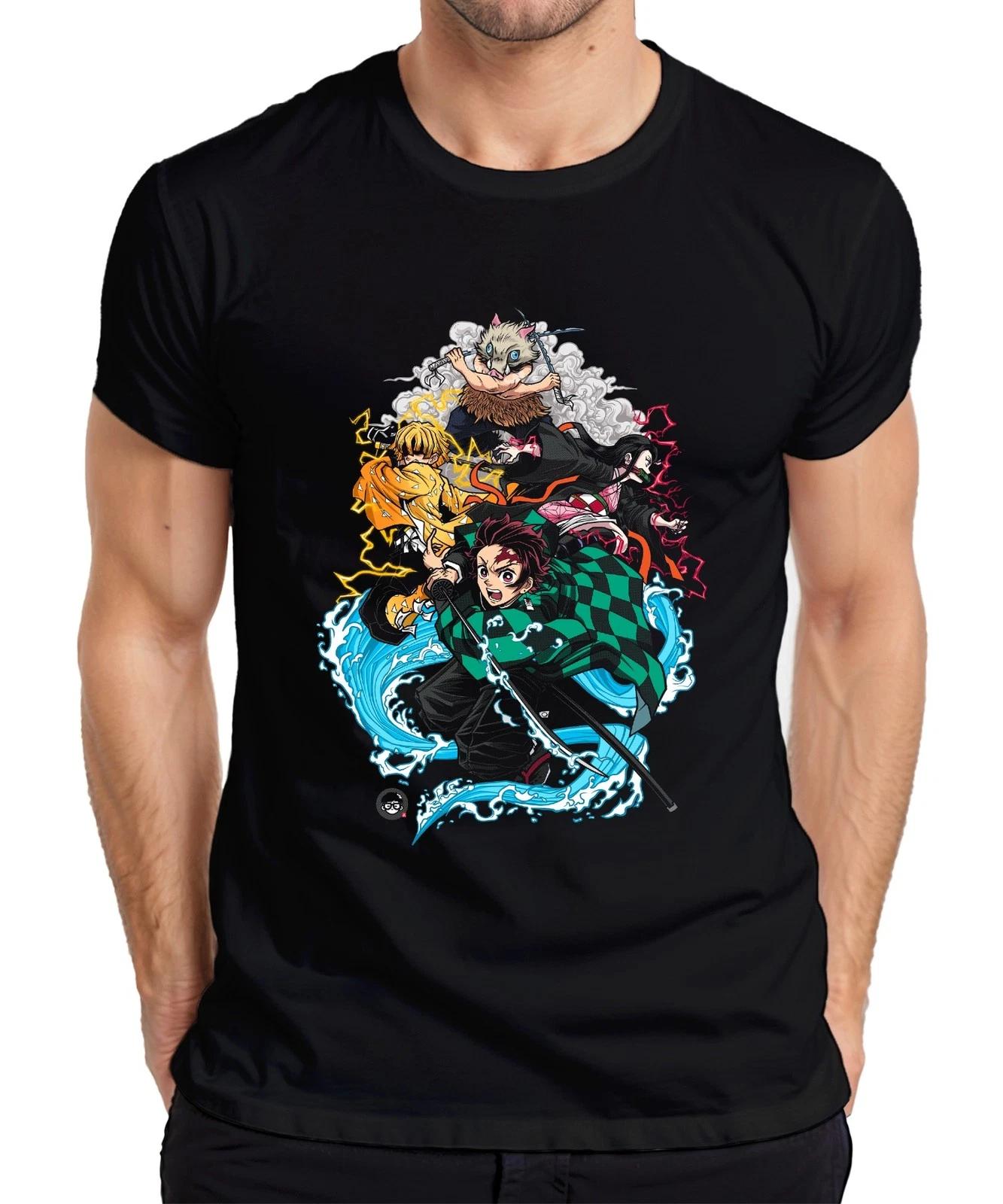 

Kimetsu no Yaiba Tanjiro Nezuko Zenitsu Inosuke Anime Gift Men s T-Shirt- M