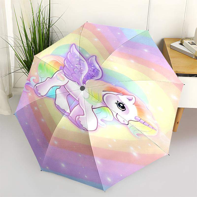 Rainbow Heart Unicorn Automatic Folding Umbrella: Portable 3-Fold Design with Iron Frame, Perfect for Fans and Outdoor Use0104407a
