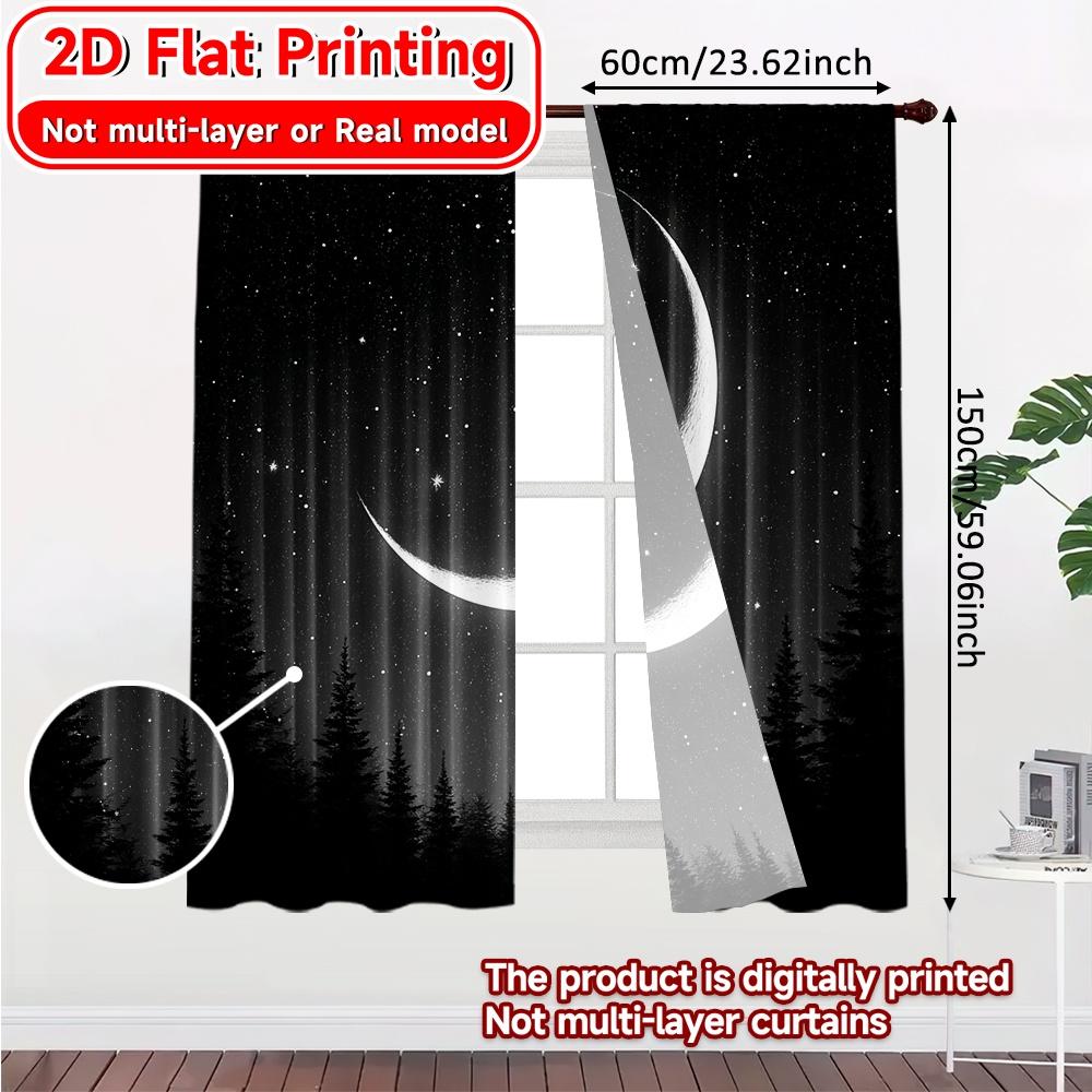 2D FLAT PRINTING 2pcs Curtains (Without Rod) Night Sky with Moon Modern Fashionable Curtainments During the April Fools Is Day