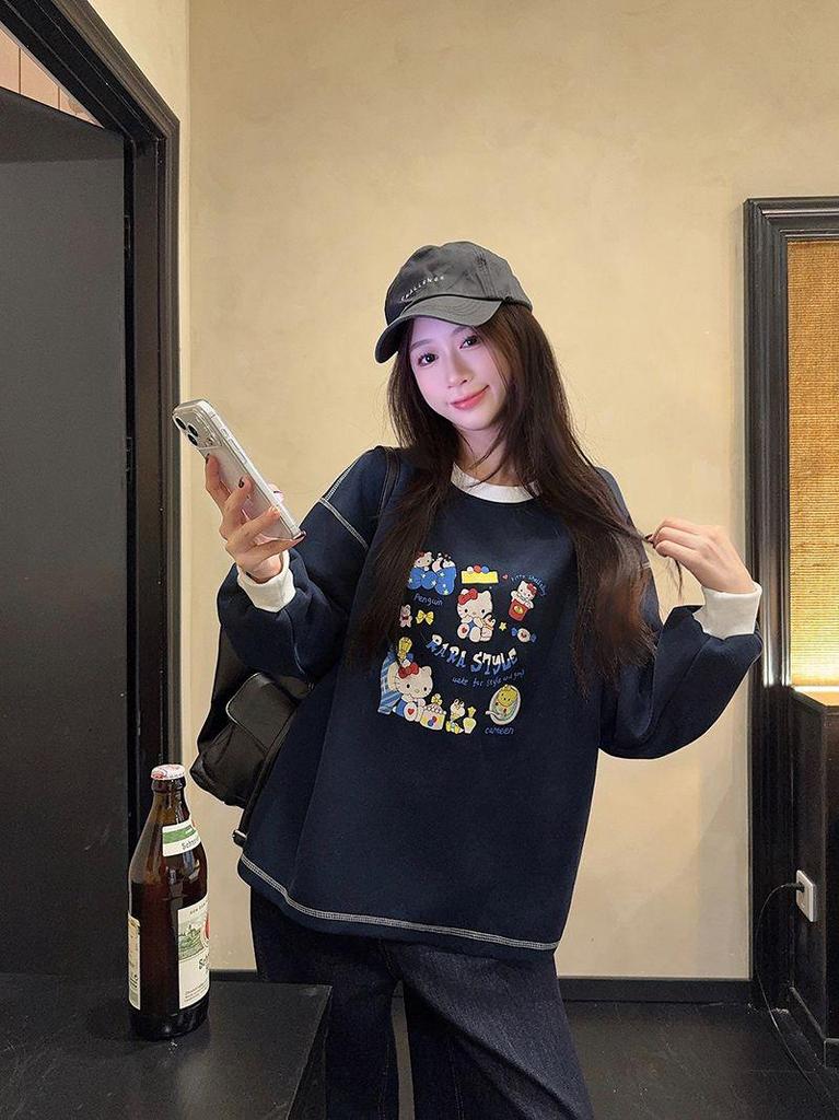 Women's 2025 Korean Style Cartoon Print Round Neck Sweatshirt - Autumn/Winter Velvet Loose Fit