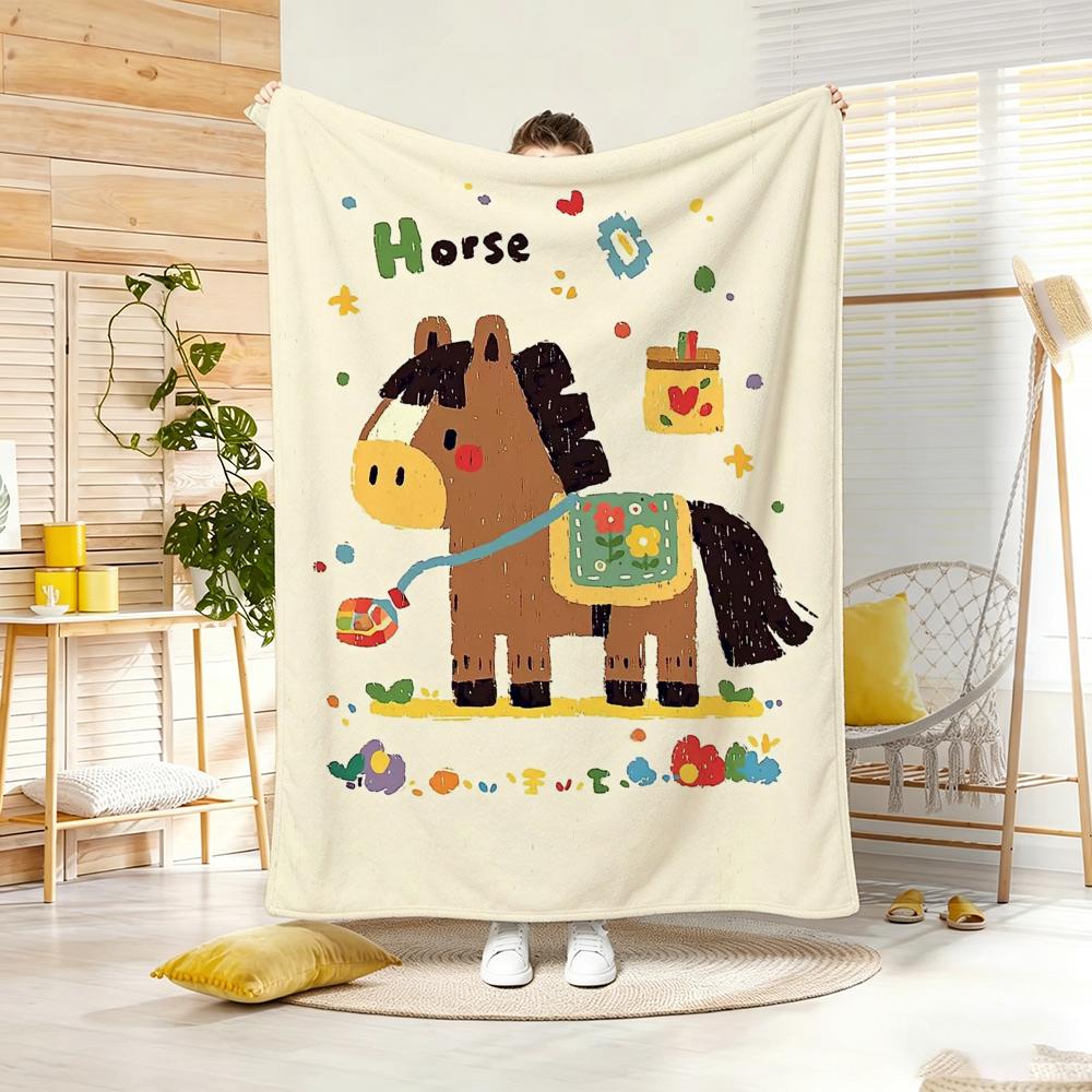 Painting Cute Pony Throw Lightweight 240G Flannel Blanket Soft Skin-Friendly For Summer Cooling