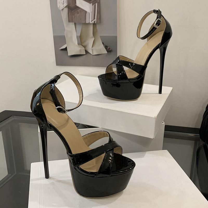 Black Patent Leather Women Sexy Fetish Sandals Thick Bottom Open Toe Platform High Heels Party Stripper Shoes Size 35-42
