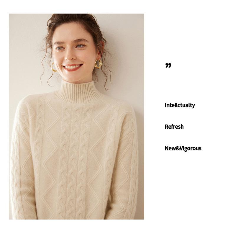 2025 Autumn-Winter Women's Retro Cashmere Cable Knit Sweater, Half-High Collar, Loose Slim Fit