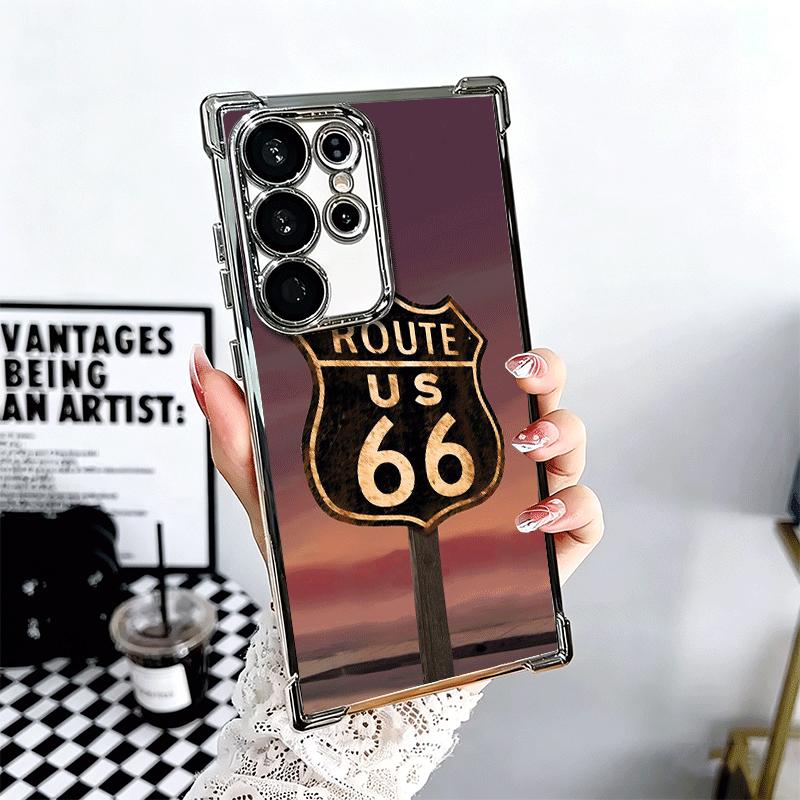 America Route 66 Plating Phone Case For Samsung Galaxy S24 S25 FE S26 Edge S23 Ultra S22 S21 Plus S20 Anti-Fall Airabag Cover