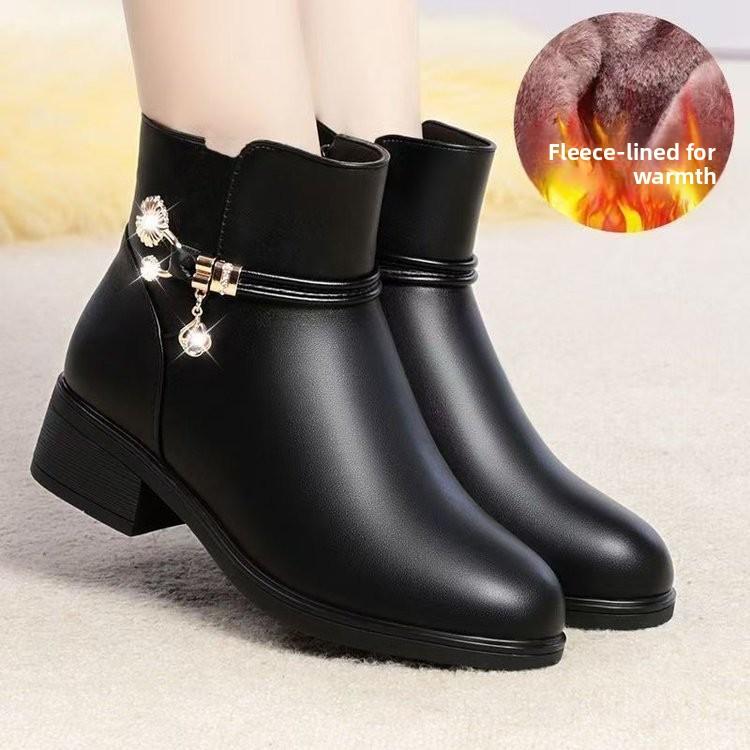 Baumwollschuhe, Schuhe mit dickem Absatz, Flache Stiefeletten mit weicher Sohle und mittlerem Absatz, Rutschfeste Damenschuhe, Baumwollstiefel