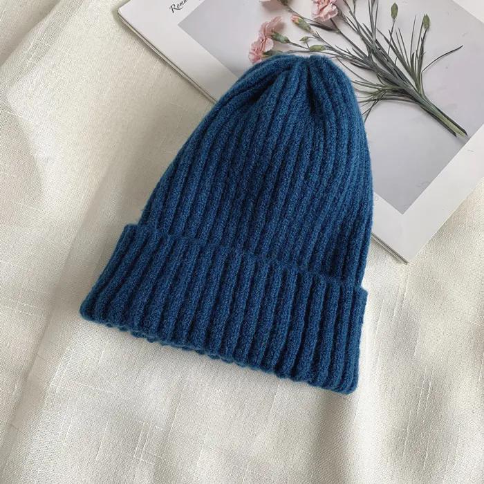 

WTEMPO Женские вязаные шапки конфетного цвета, теплые, мягкие, модные шапки, шерстяные шапки в стиле Kpop, элегантные универсальные шерстяные шапки One Size темно-синий