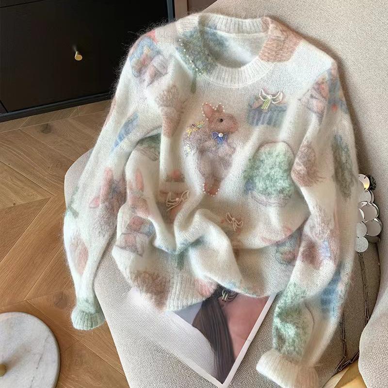 

Женский свитер из мохера с принтом, осенне-зимний новый милый топ L