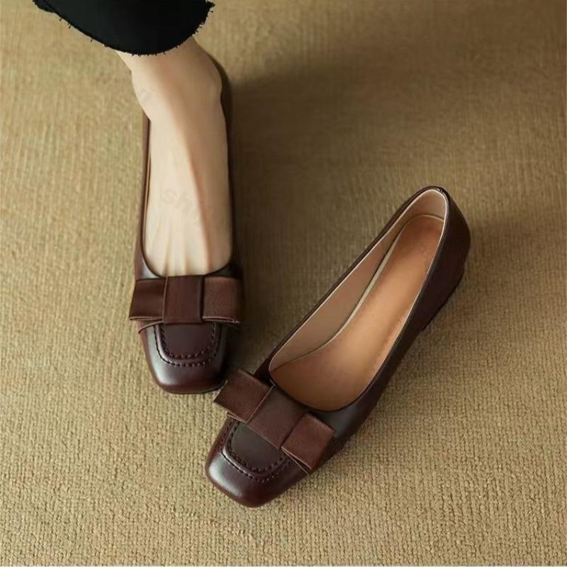 Women Leather Shoes 2026 Spring/Summer New Square Toe Chunky Heels Shoes Women High Heels Bow Retro Loafers Zapatos De Mujer