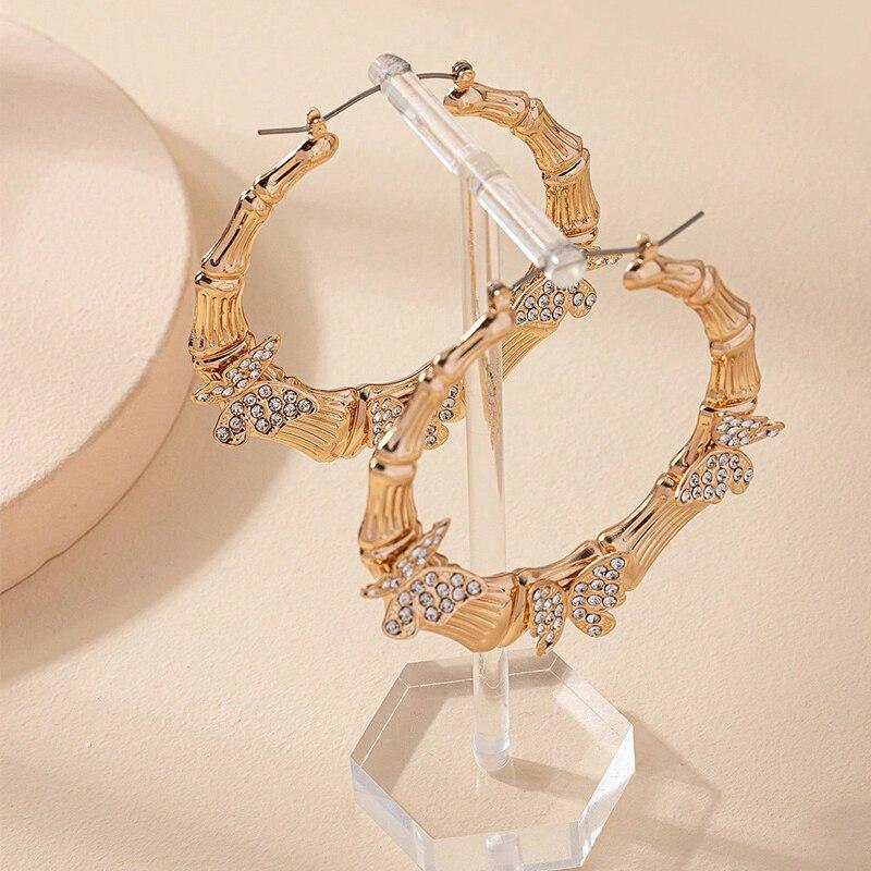 Big Butterfly Bamboo Hoop Earrings For Women Gold Color Full Crystal Stone Butterfly Vintage Girls Earrings Street Wear Jewelry