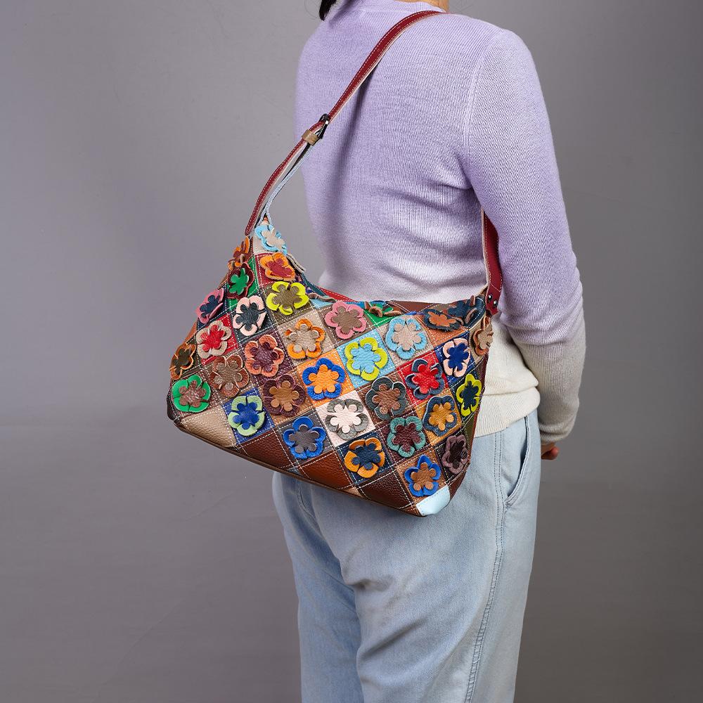 Women'S Bag Leather Shoulder Bag Handmade Flower Color Matching Diamond Women'S Casual Personalized Cowhide Bag