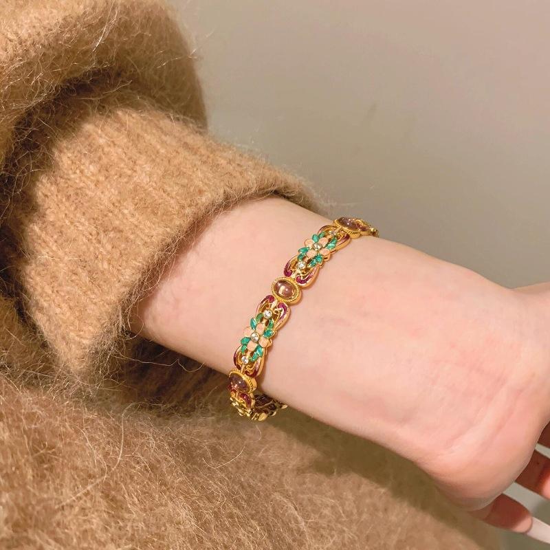 Chinese Enamel Drop Glue Color Purple Chalcedony Flower Ring Bracelet Diamond-Set Multi-Faceted Versatile Temperament Guochao Hand Jewelry