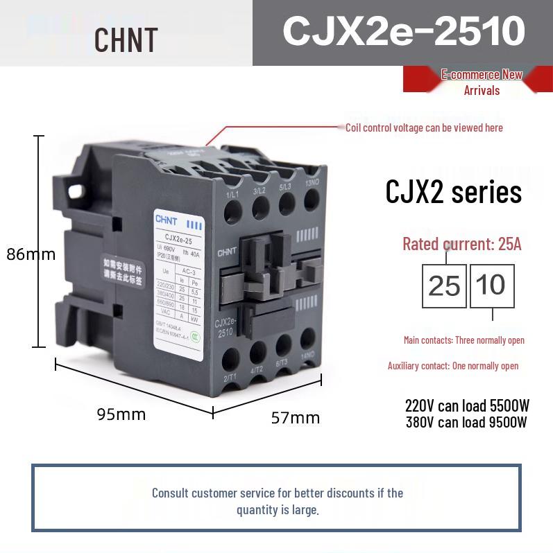 Chint Three-Phase AC Contactor CJX2 Series, 220V/380V, Models: 0910, 1210, 1810, 2510