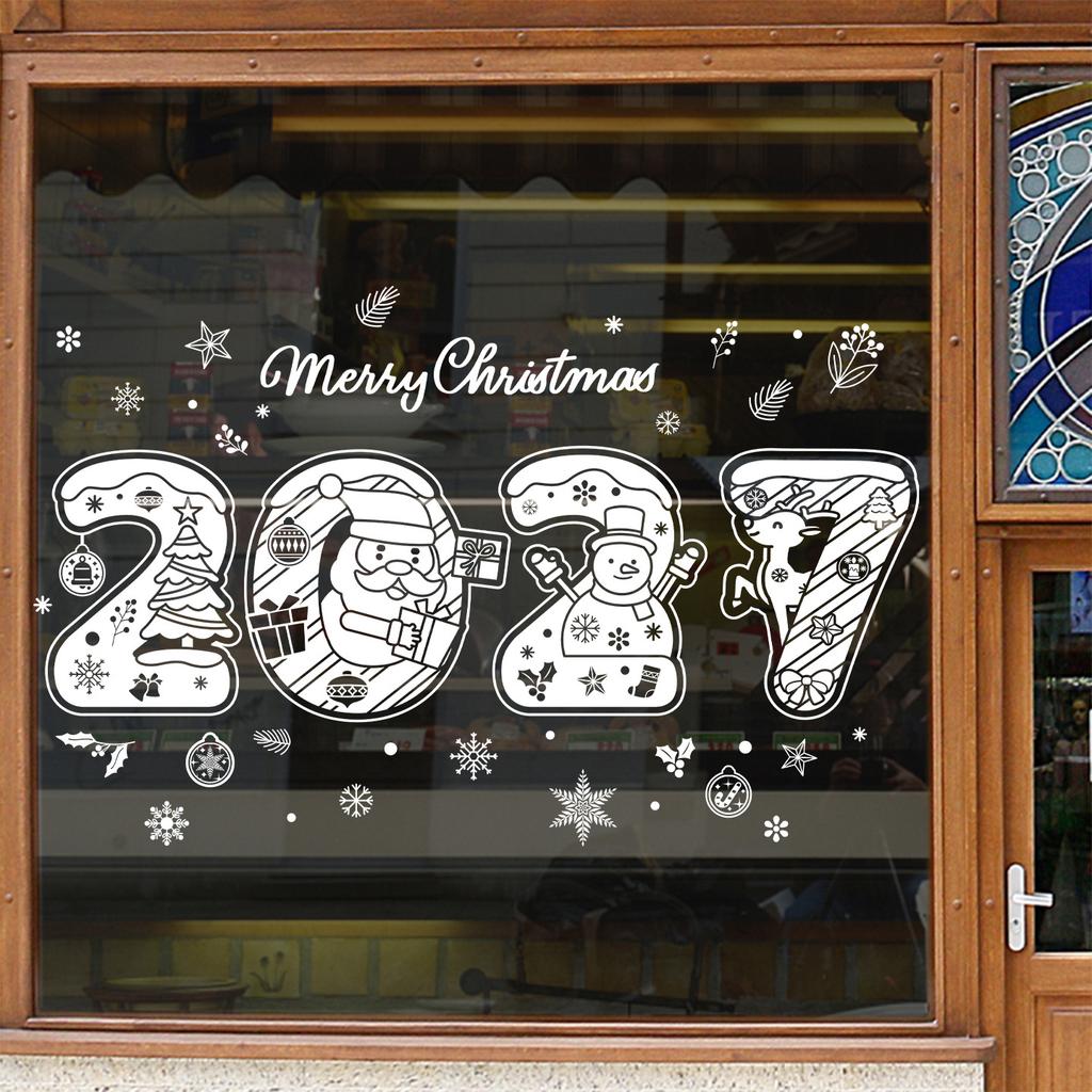 1117 Christmas Stickers Merry Christmas Decals White Snowflake Static Cling Santa Reindeer Snowman Window Decor