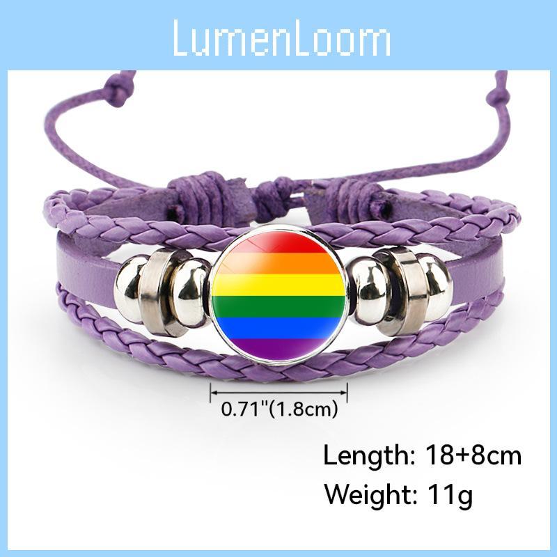 Unique Purple Leather Bracelet With Rainbow Flag Time Gemstone For Men And Women