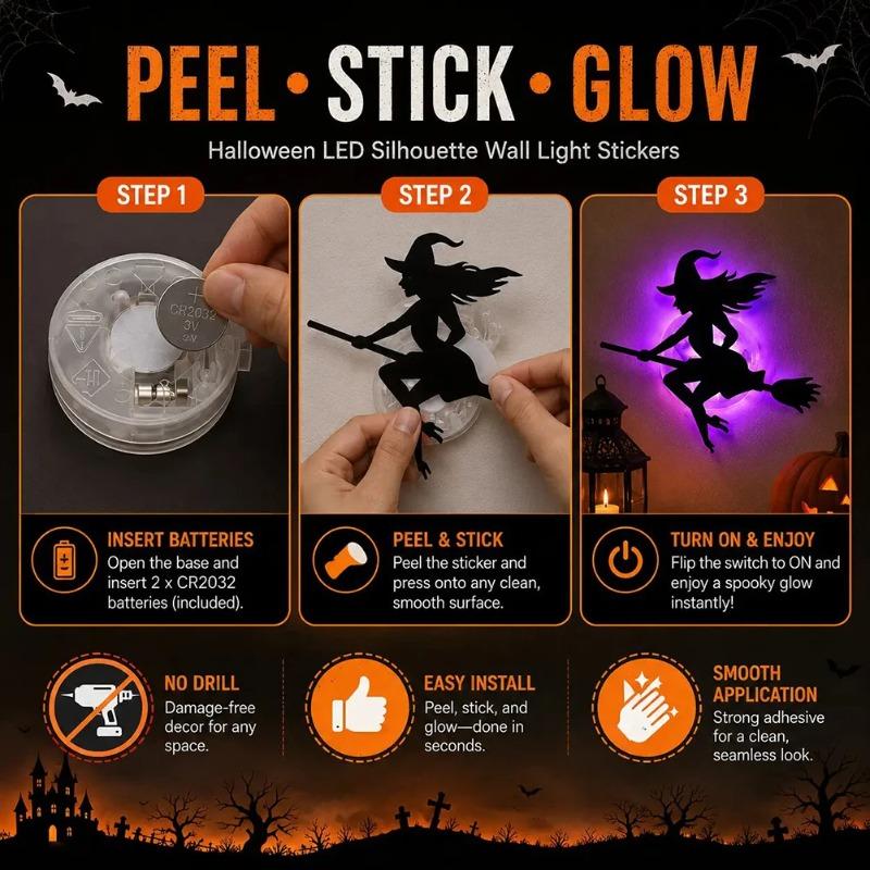 Halloween LED-Silhouet Muurstickers 3D Hol Ontwerp Met LED-Verlichtingseffecten Voor Trick-or-Treat Feest Achtergronden