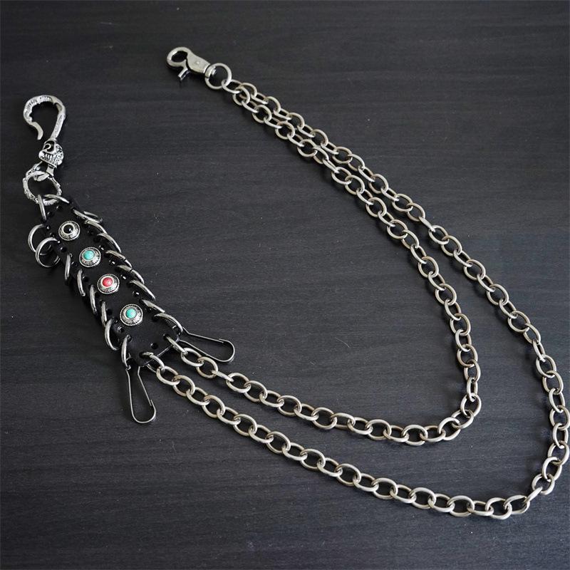 Men's Hip Hop Skull Metal Turquoise Wallet Chain with Decorative Cowhide Accent