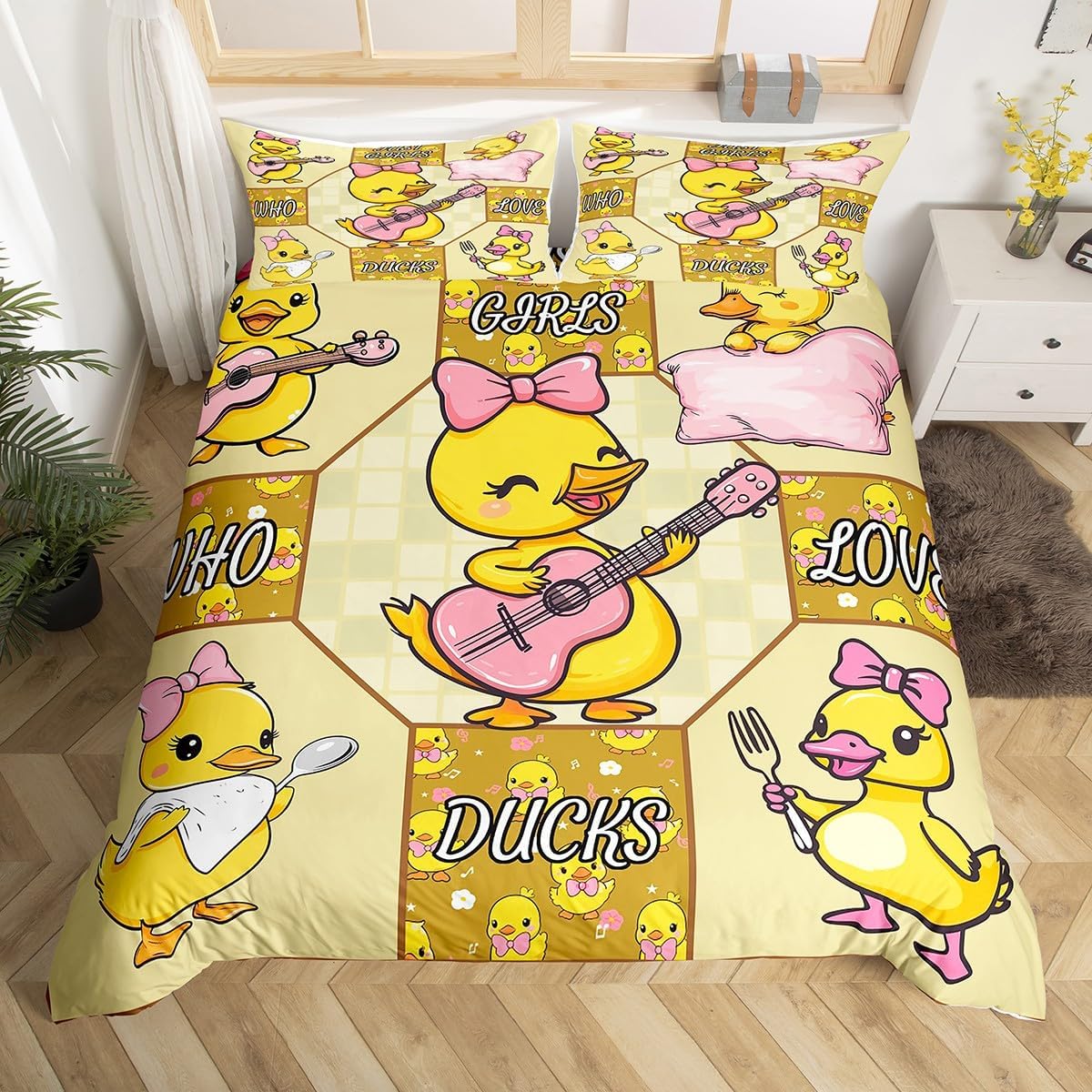 

Yellow Duck Duvet Cover Twin Cartoon Ducks Comforter Cover Farmhouse Wild Animal Bedding Set Rustic Country Wildlife Quilt Cover EU Single(135x200cm)