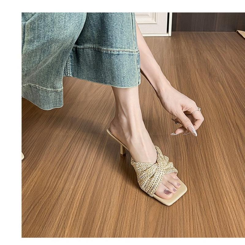 Fashion Elegant Square Toe Woven Cross Strap High Heel Slippers Women Summer Outdoor Sexy Open Toe Slim Heel Sandals