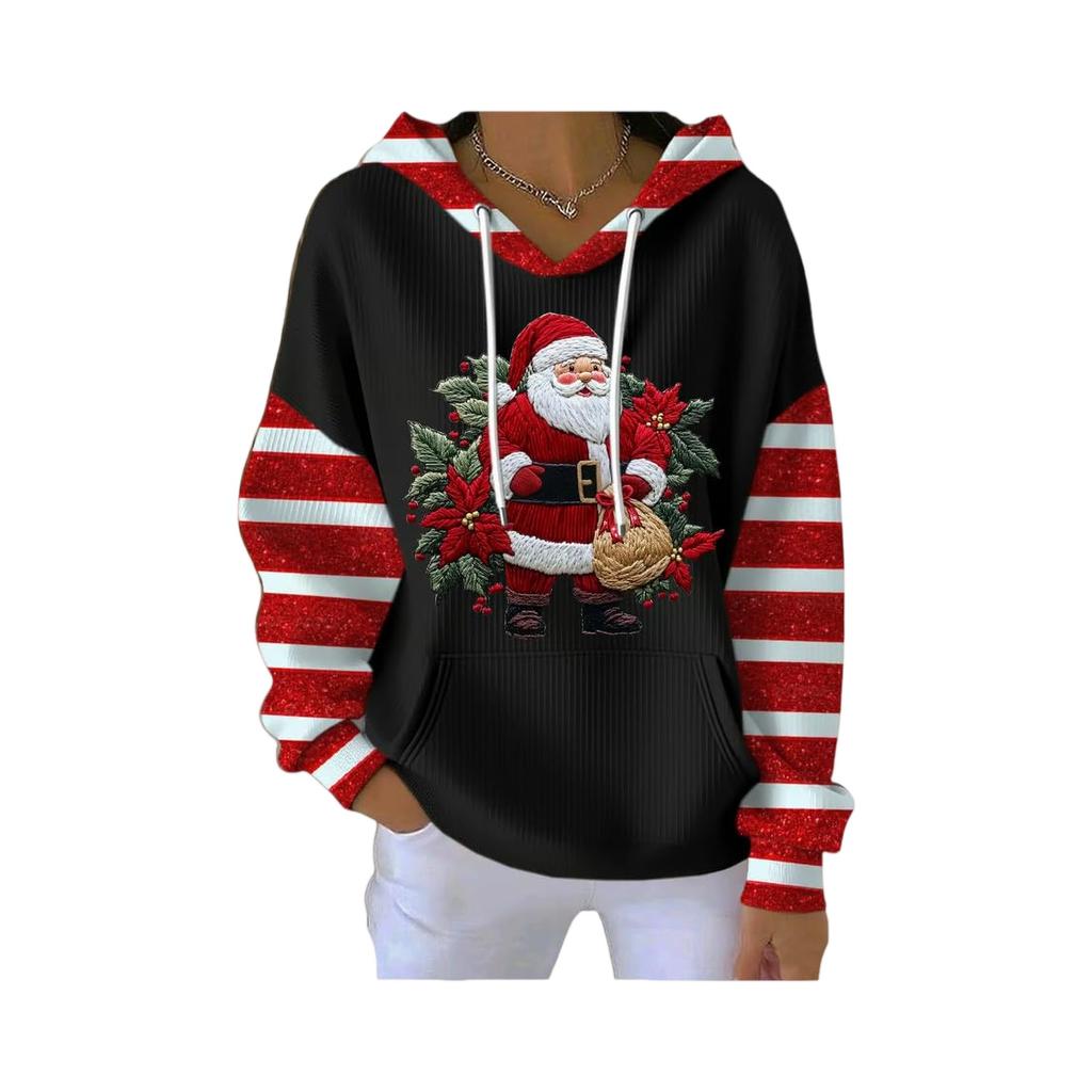 Women's Loose And Comfortable Drawstring V-neck Long Sleeved Christmas Print Hoodie