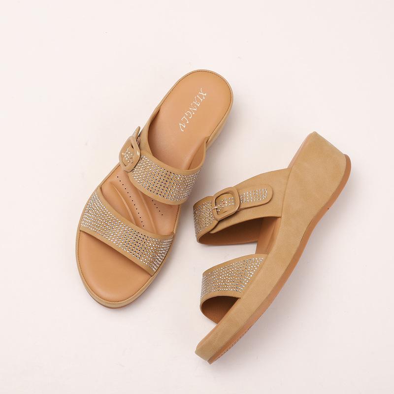 Water Diamond Wedge Heels Slippers Women's Vacation Shoes One-shoulder Flip-flops