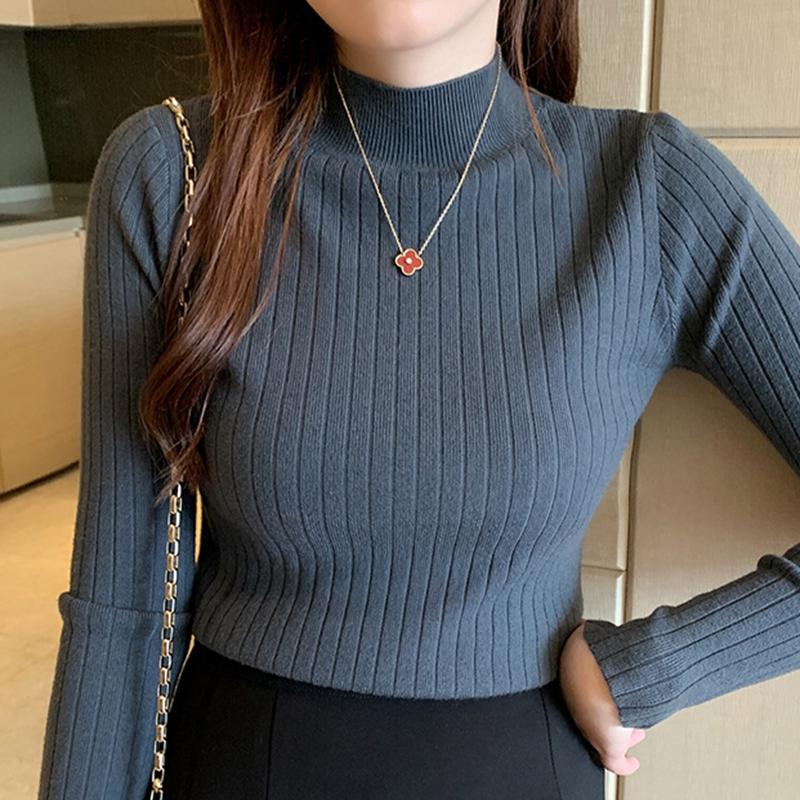 Women Cashmere Sweater Slim Soft Knitted Jumpers Pullovers Solid T-Shirts Semi-Turtleneck Sweaters Women Winter One Size синий