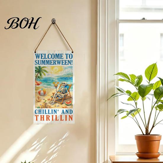 Farmhouse Wall Art Summer Wooden Hanging Sign, Welcome Sign Front Door Decor with Floral Pattern Rope, Colorful Hanger for Seasonal Beach House