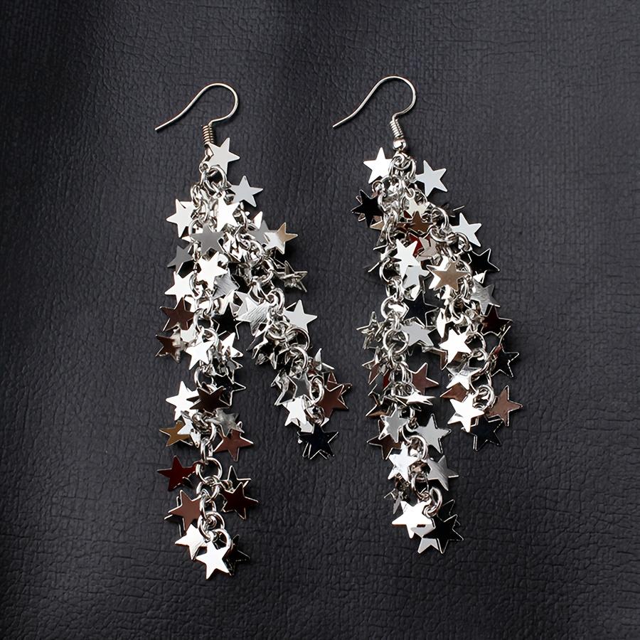 1Pair of New Bright Galaxy Star Waterfall Tassel Exaggerated Earrings High Sense Metal Sequins Five-pointed Star Internet Celebrity Earrings Women