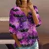 Women's Casual Halloween Print V-Neck Button Three-Quarter Sleeve T-Shirt