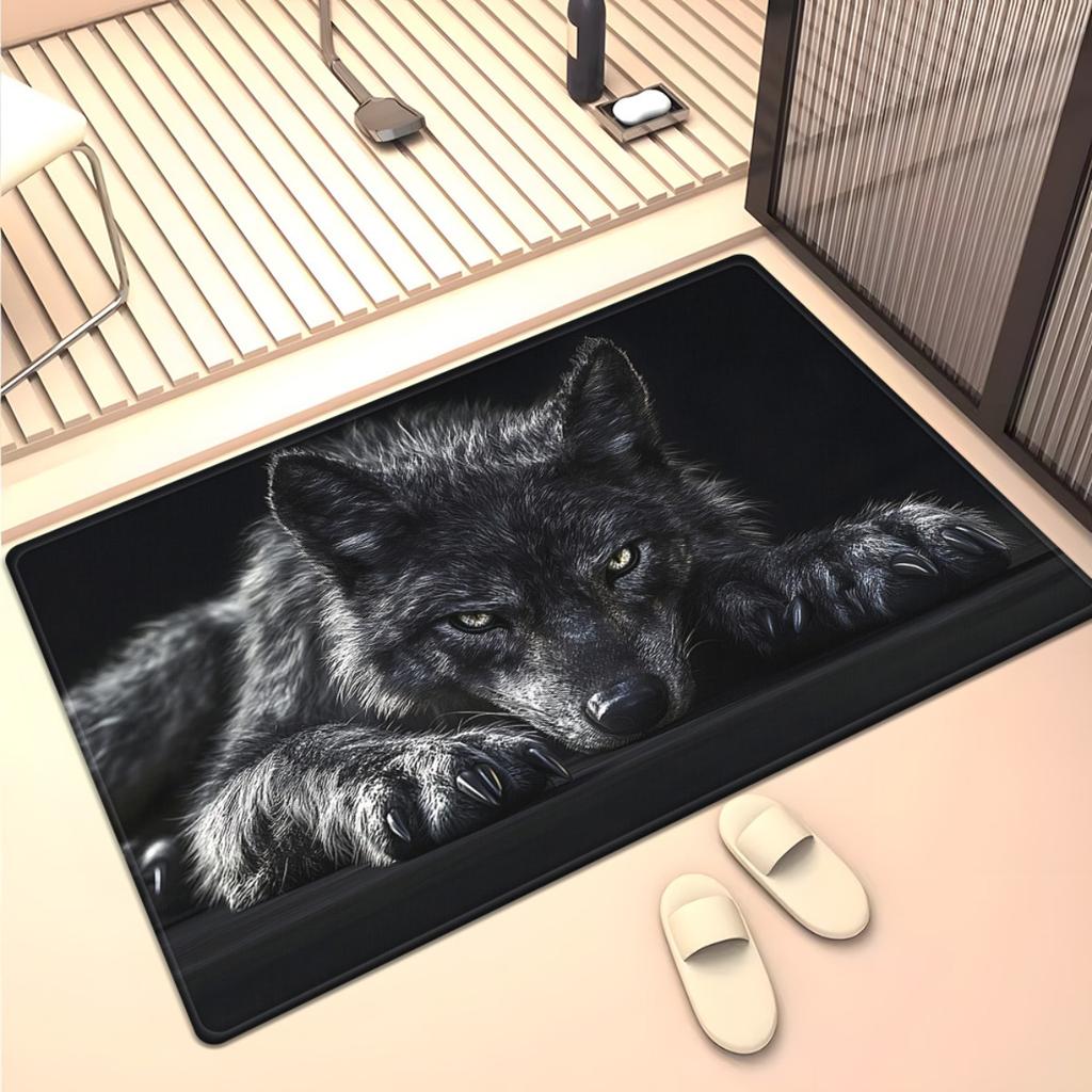 The Wolf Lying in the Darkness Printed Home Carpet,Bathroom Floor Mats, Microfiber Absorbent Machine Washable Polyester Rug for Bedroom
