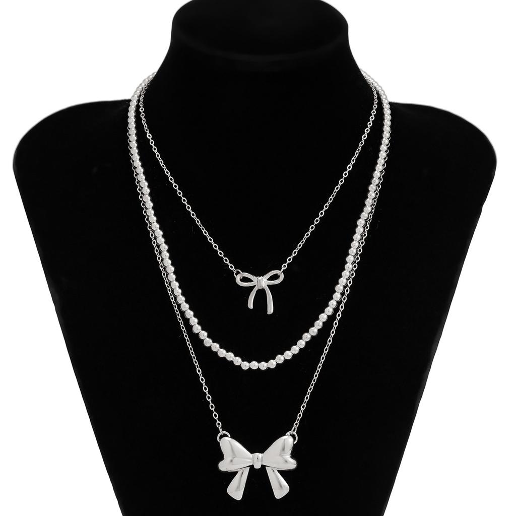 3Pcs/Set Imitation Pearl Sweet Romantic Necklace Bowknot Pendant for Women Chain Bridal Jewelry Gift