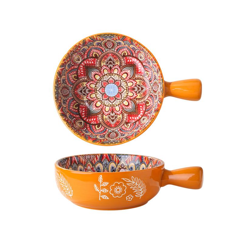 Ceramic Single Handle Bowl Bohemian Creative Relief Handle Bowl Salad Bowl Instant Noodles Dessert Bowl Home Decoration Bowl