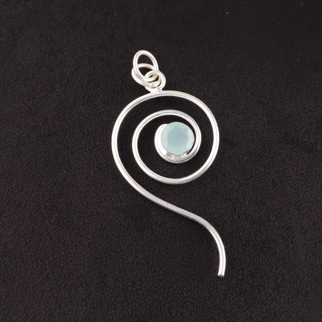 Artisan Aqua Chalcedony Gemstone Pendant 925 Sterling Silver Handcrafted Jewelry PP-42-2