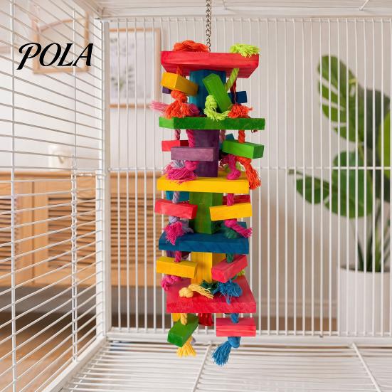 Durable Parrot Toy Chewing for Macaws African Greys, Colorful Wooden Block Puzzle with Medium Chew Cotton Tassels, Hanging Interactive Activity Cage,