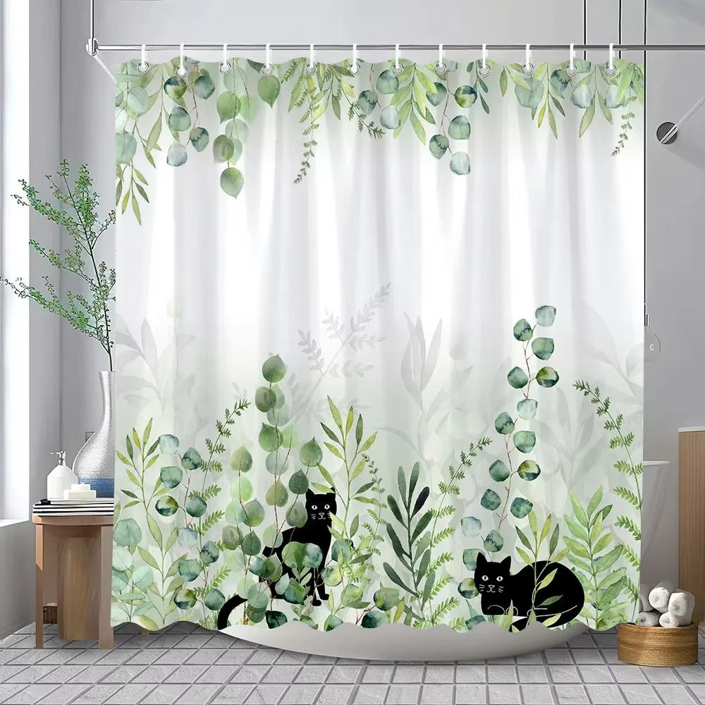 Cartoon Cat Shower Curtain, Bathroom Decorative Flowers Shower Curtains, Home Printed Polyester Fabric Curtain with Hooks