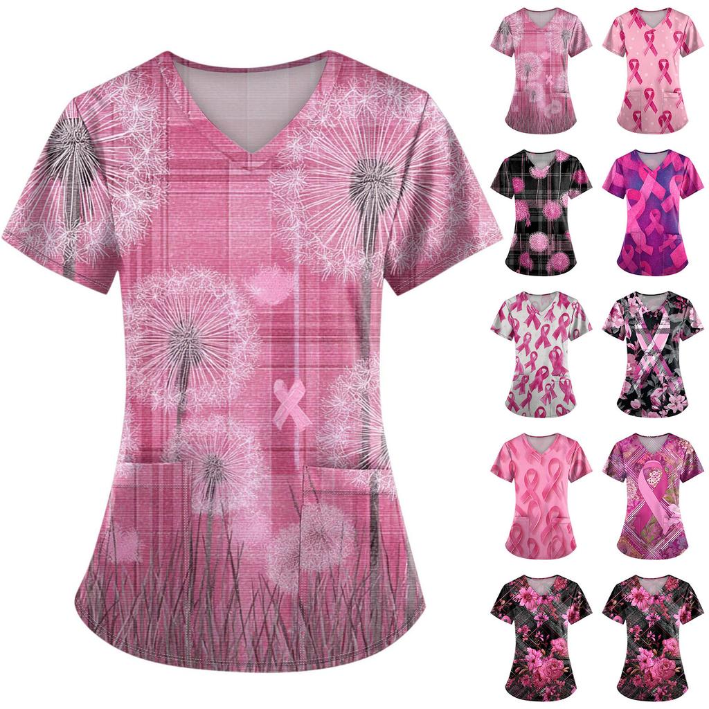 Women's Fashion V-Neck Short Sleeve Overalls With Pockets Printed Tops  Clothes