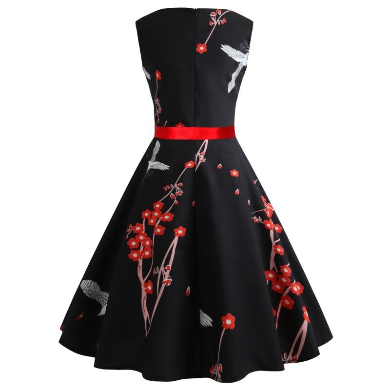 Crew neck sleeveless white crane print swing skirt with two-meter red lace-up