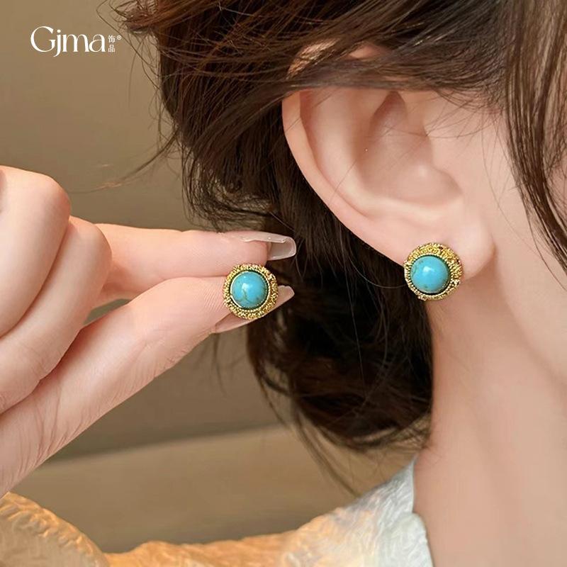 Real Gold Electroplated Silver Needle Zircon Round Artificial Turquoise Stud Earrings Retro Ethnic Style Earrings Simple Design Earrings