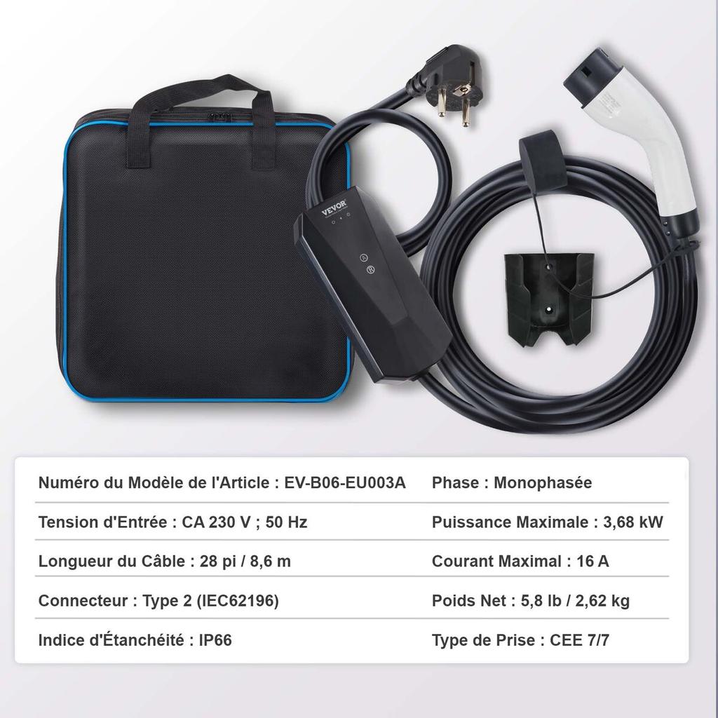 Portable EV Charger Type 2, 16A 3.7 kW, Electric Vehicle Car Charger with 28 Ft Charging Cable CEE 7/7 Plug, IEC 62196 Home EV Charging Station with