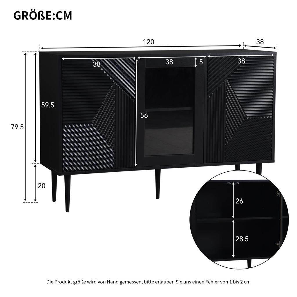 Sideboard mit 3 Türen, Kommode mit Glastür und Metalfüßen Buffetschrank für Esszimmer Wohnzimmer oder Flur, 120x38 x79.5 cm, Schwarz