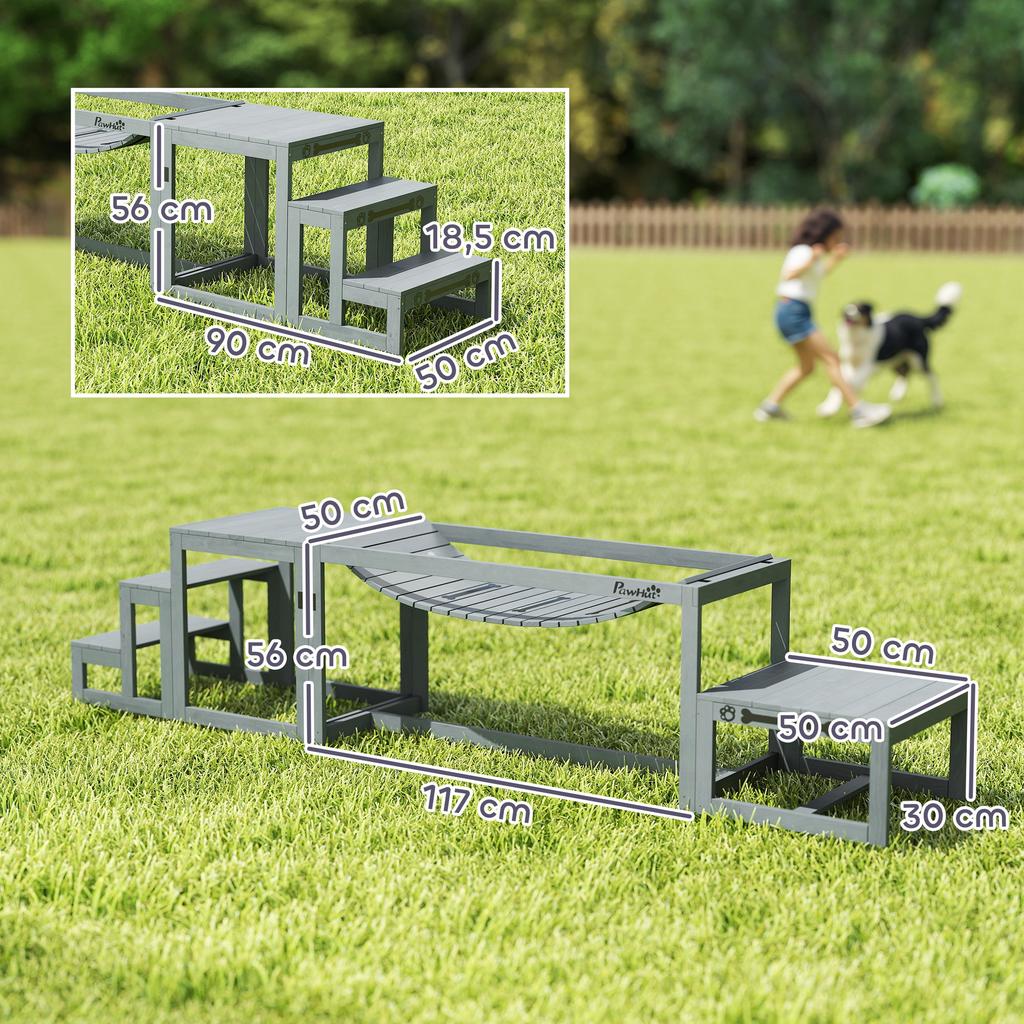 3 Pieces Wooden Dog Agility Training Equipment with Soft Bridge, Pause Platform and Pet Stair for Outdoor, Grey