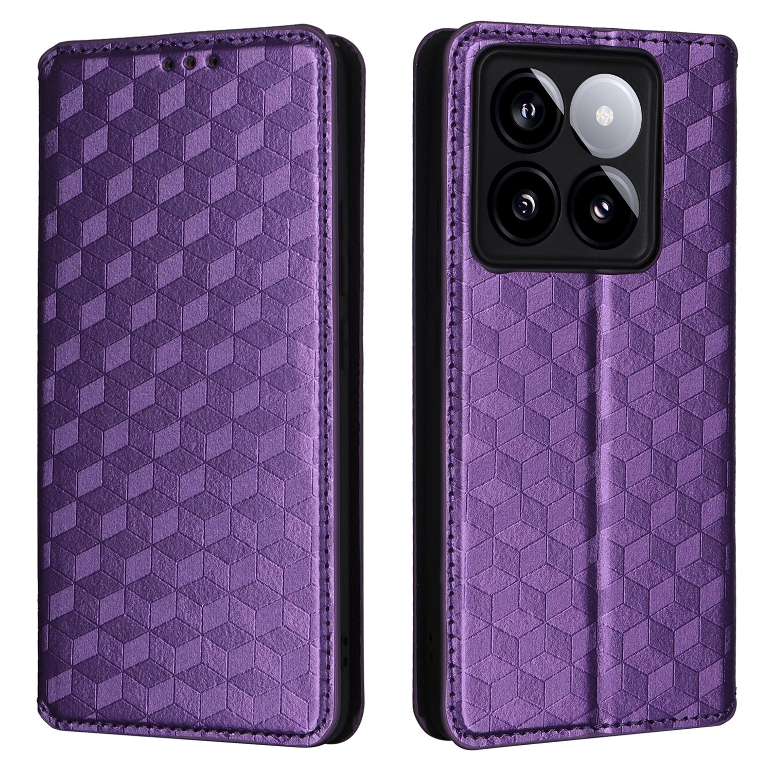 

For Xiaomi 14T Pro Wallet Case Rhombus Imprinted Leather Phone Cover Purple