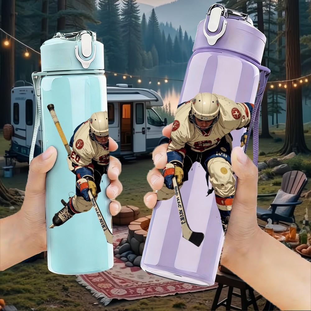 1PC Ice Hockey Athlete Cartoon Print 750ml Color Plastic Sports Water Bottle Leakproof Flip Straw Lid Suitable for Sports Office Home Use