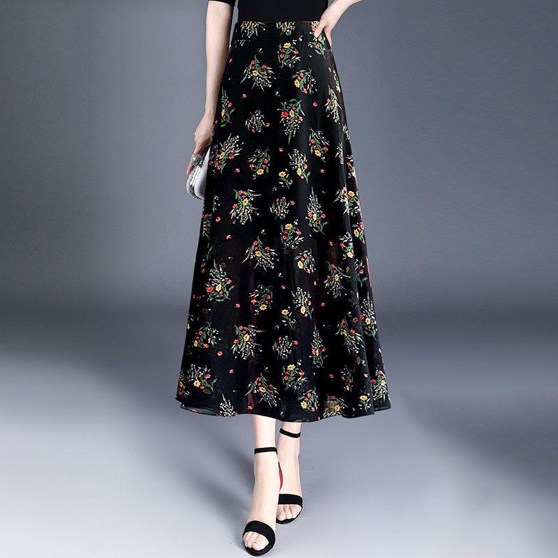 Damen Chiffon Halbrock Sommer A-Linienrock Blumengarnrock Hohe Taille Lockerer Rock Schlankheitslanger Rock