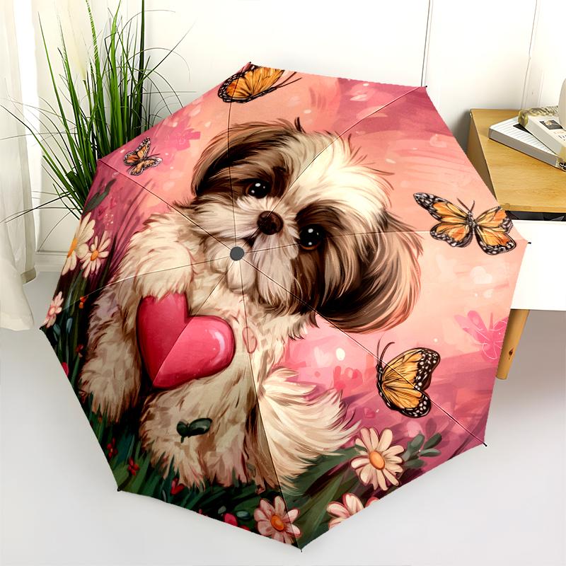 Heart and Shih Tzu pattern, automatic folding umbrella, portable and foldable design, 8 ribs, a Christmas or birthday gift.