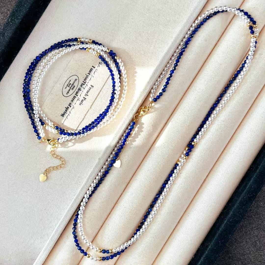 Vintage High Quality Natural Lapis Lazuli Artificial Crystal Pearl Double Clavicle Chain Necklace Sweater Chain