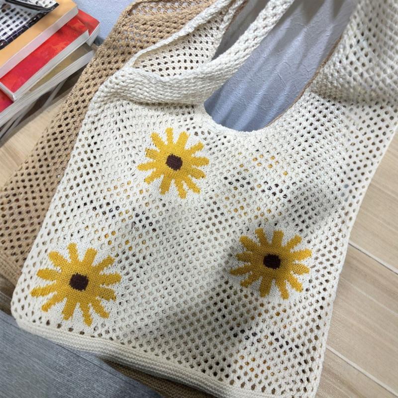 Shoulder Bag For Women Spring Summer Flowers Print Knitted Tote Bag Lightweight Travel Crochet Bag Flower Shopper Bag