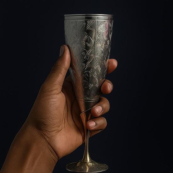 Engraved Silver Brass Goblet Handcrafted Metal Chalice, Collectible Décor