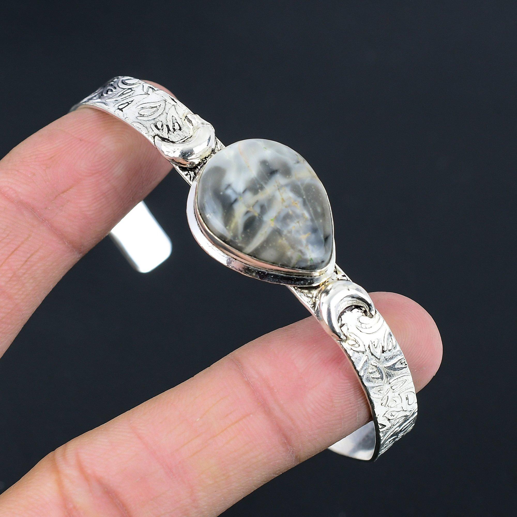 

Natural Fume Agate Gemstone 925 Silver Bangle Crescent Moon Adjustable For Girls Adjustable
