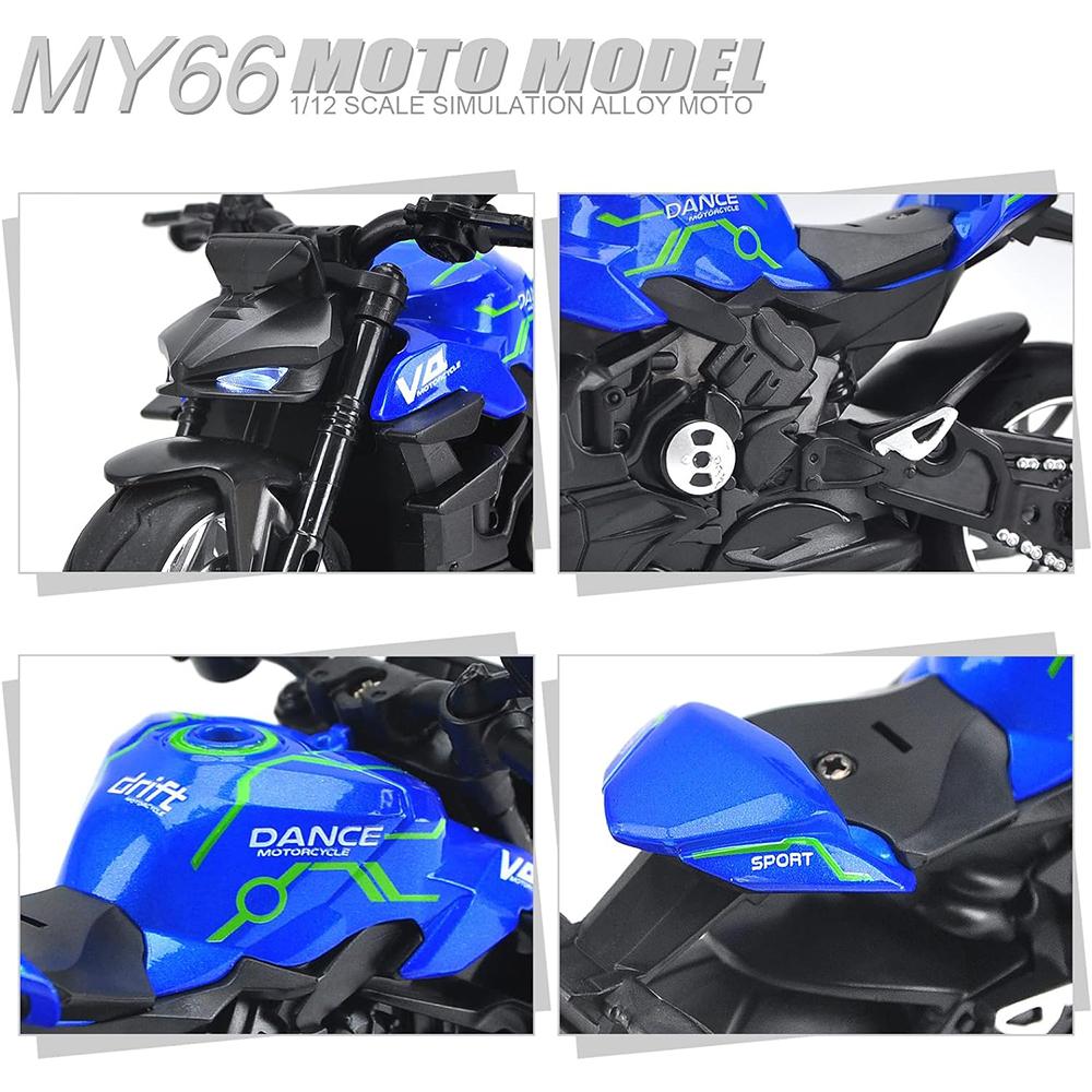 1/12 Pull Back V4 Motorradspielzeug, Geschenk mit Musikbeleuchtung, Street Fighter-Motorräder Spielzeug für Jungen Kinder im Alter von 3–12 Jahren